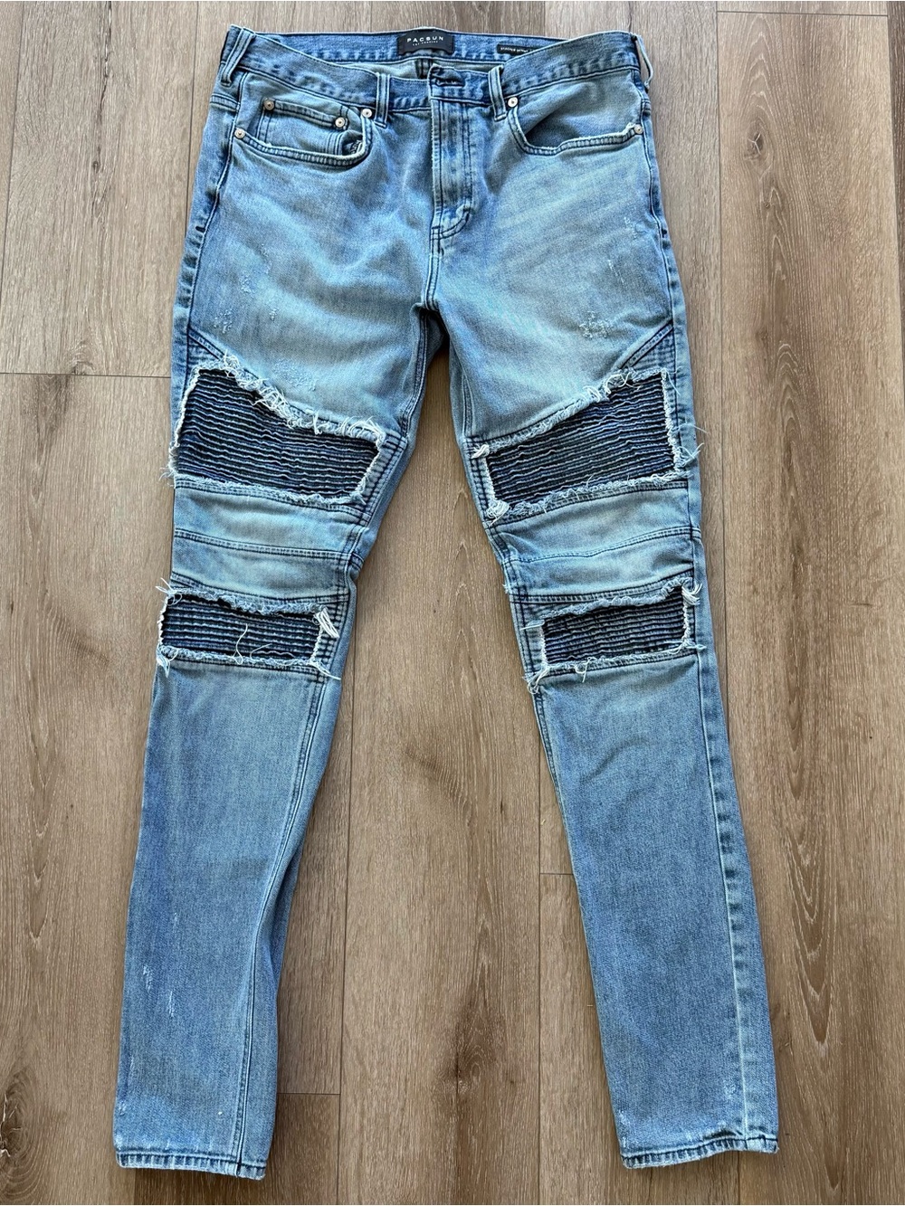 Men's Stacked light blue Skinny Motto Biker Jeans with Ribbed Knee Panels 34x32